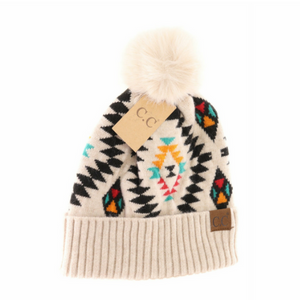 Aztec Patterned Faux Fur Pom Beanie