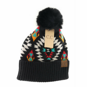 Aztec Patterned Faux Fur Pom Beanie