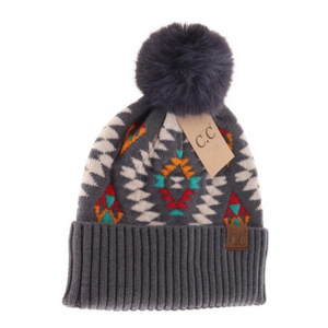 Aztec Patterned Faux Fur Pom Beanie