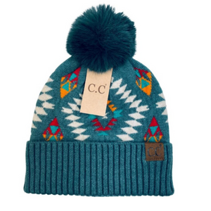 Aztec Patterned Faux Fur Pom Beanie