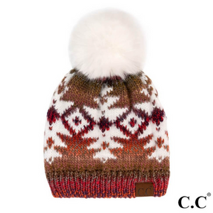 Aztec Patterned Faux Fur Pom Beanie